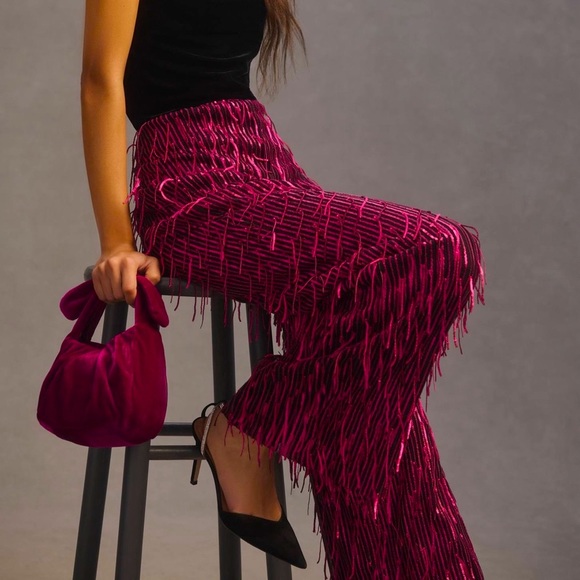 ANTHROPOLOGIE Maeve Fringed Sequined Wide-Leg Pants New...